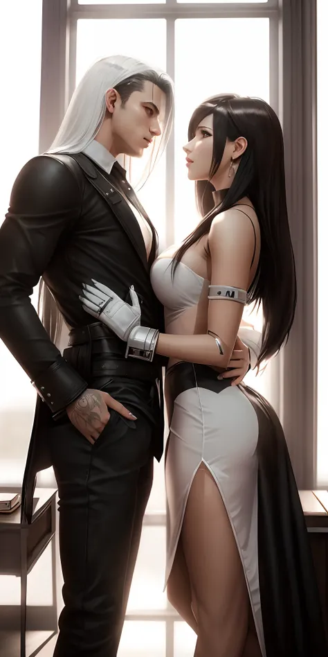 arafed image of a sexy couple posing together in a window, seductive tifa lockhart portrait, tifa, tifa lockhart, tifa lockheart, tifa lockhart portrait, glamorous tifa lockheart, portrait of tifa lockhart, tifa lockhart with white hair, range murata and a...