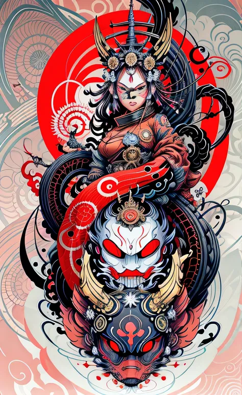 Explosive, otherworldly painting of a shape-shifting deity adorned with chaotic Sengoku Jidai motifs and omnipresent, piercing eyes, a breathtaking amalgamation of fine art and captivating photo collage, mesmerizing poster design:: their appearance exuded ...