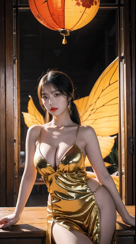Beautiful Girl, Korean makeup, Red lips, Platinum hair, medium body, big breasts, thigh, Chinese fairy costume, Antique, sexy outfits, Mid-Autumn Festival decoration, moon background mode.