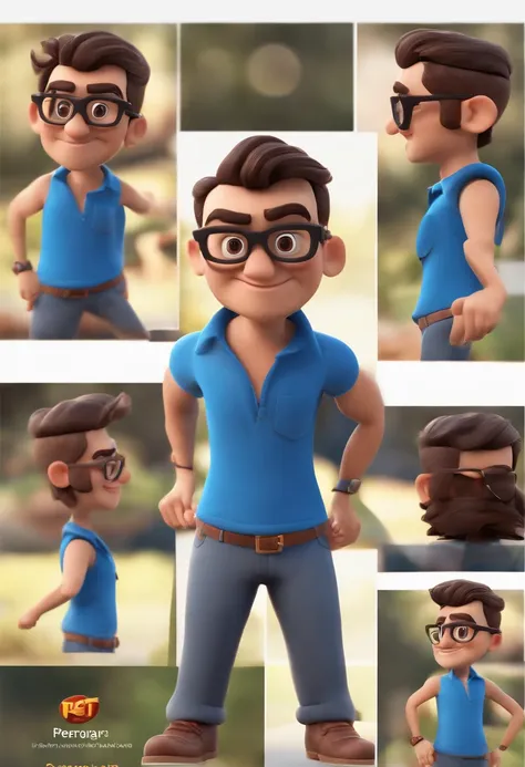 Cartoon character of a man with black glasses and a blue shirt, animation character, Caractere estilizado, animation style rendering, 3D estilizado, Arnold Maya render, 3 d render stylized, toon render keyshot, Personagem 3D, Personagem 3D, 3d rendering st...