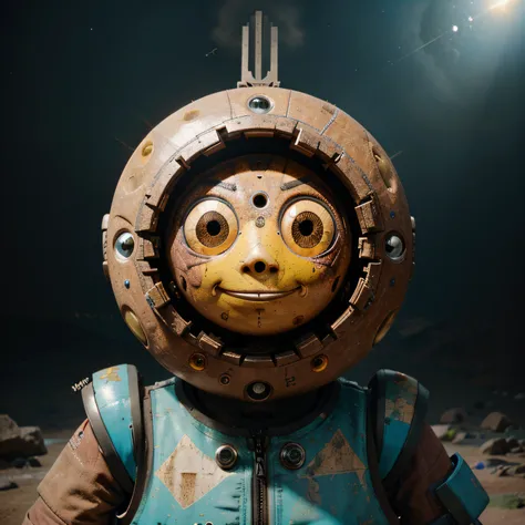 A toon Crazy Only Eye Robot, tongs in hands, Tv head, pinhead, Yellow Pink Cyan Rusty, Ambient in a meteorite crater super detailed, center, beautiful, soft lighting, focused on the character, 4K resolution, photorealistic rendering,