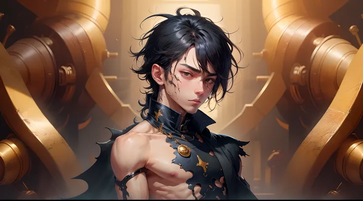 Imp anime boy with messy,  black shoulderlength hair