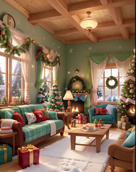 In a whimsical Disney Pixar Christmas scene, a quaint indoor house is lavishly adorned with shimmering "christmas" decorations. Outside, a gentle flurry of "snow" blankets the surroundings as a "cute girl" in cozy "woolen" underwear peers through the frost...