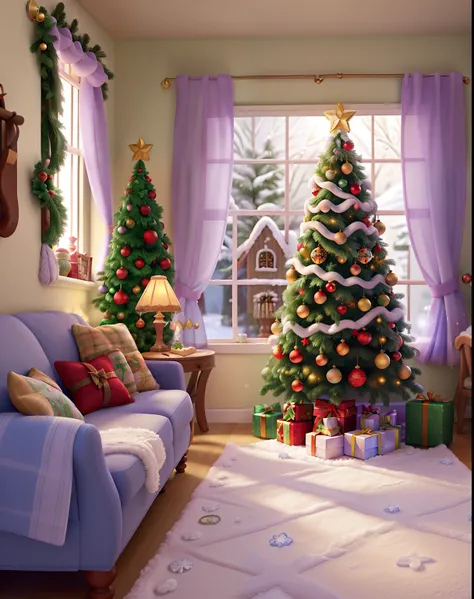 In a whimsical Disney Pixar Christmas scene, a quaint indoor house is lavishly adorned with shimmering "christmas" decorations. Outside, a gentle flurry of "snow" blankets the surroundings as a "cute girl" in cozy "woolen" underwear peers through the frost...