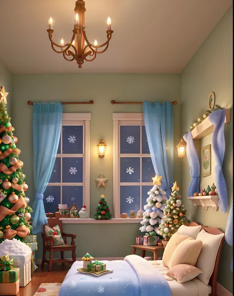 In a whimsical Disney Pixar Christmas scene, a quaint indoor house is lavishly adorned with shimmering "christmas" decorations. Outside, a gentle flurry of "snow" blankets the surroundings as a "cute girl" in cozy "woolen" underwear peers through the frost...