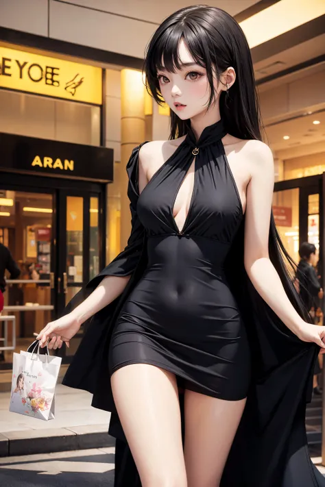 sexy asian girl, half naked, Little black dress, Shopping mall