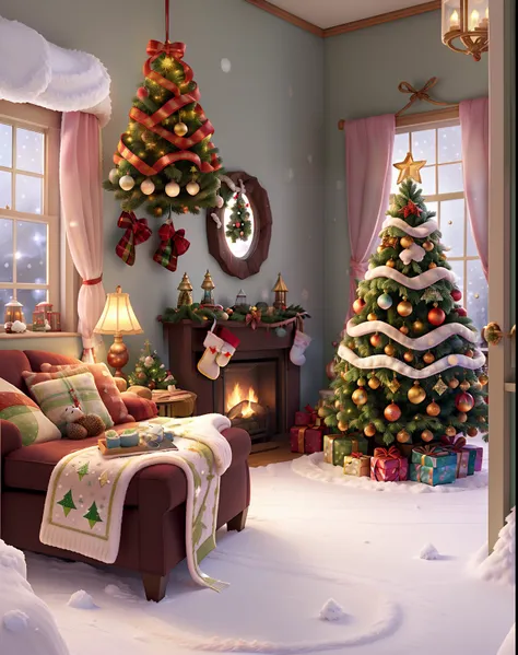 In a whimsical Disney Pixar Christmas scene, a quaint indoor house is lavishly adorned with shimmering "christmas" decorations. Outside, a gentle flurry of "snow" blankets the surroundings as a "cute girl" in cozy "woolen" underwear peers through the frost...