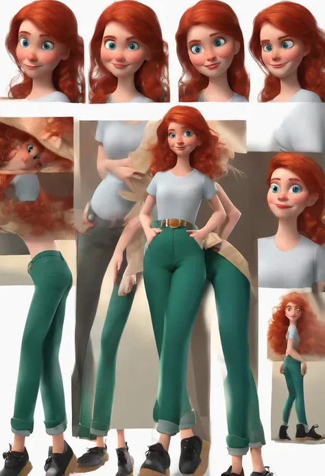 Red haired girl, short, blue eyes, pixar styled character, multiple expressions and poses, character sheet, black t-shirt, green pants, black shoes