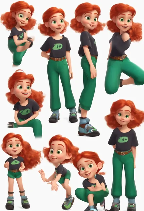 Red haired girl, short, blue eyes, pixar styled character, multiple expressions and poses, character sheet, black t-shirt, green pants, black shoes