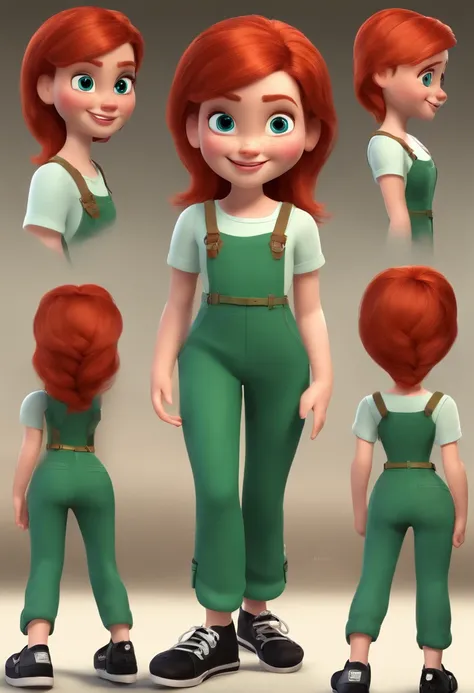 Red haired girl, short, blue eyes, pixar styled character, multiple expressions and poses, character sheet, black t-shirt, green pants, black shoes