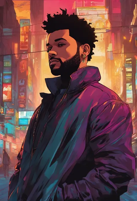 (best quality,4k,8k,highres,masterpiece:1.2),ultra-detailed,(realistic,photorealistic,photo-realistic:1.37),The weeknd,neon 3D style,minimalist city,selfie photo,futuristic,front view,cityscape in the background,neon lights,glowing signs,The weeknds face i...