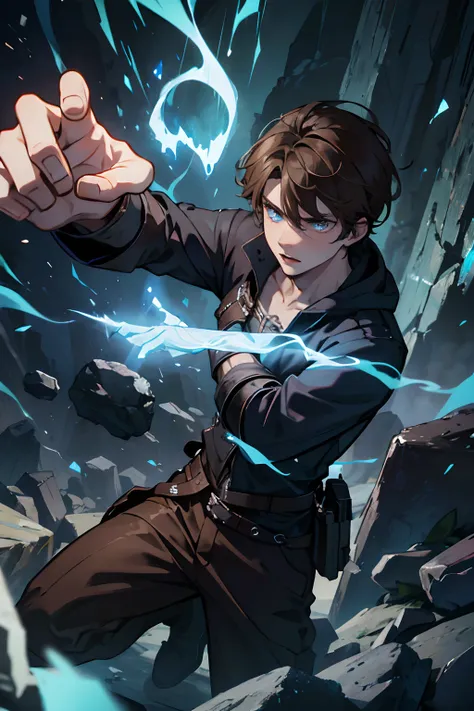 An epic scene where, in the middle of a destroyed and stoney, covered in dense rocks, the protagonist, a young man with brown hair and glowing blue eyes, bruised by the confrontation, awakens the power of runes