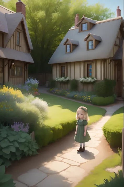 a little blonde girl grey eyes green dress cottage core landscape Disney style