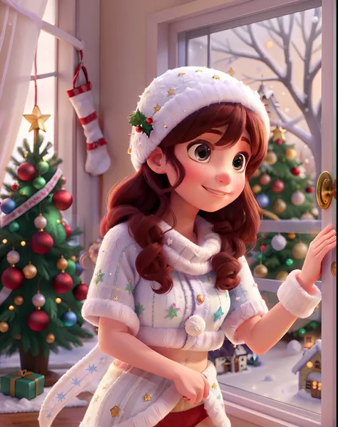 In a picturesque Disney Pixar Christmas illustration, 1young woman, a charming indoor house is adorned with sparkling "christmas" decorations. Outside, delicate "snow" blankets the scenery, while a "cute young woman" in snug "woolen" underwear gazes throug...