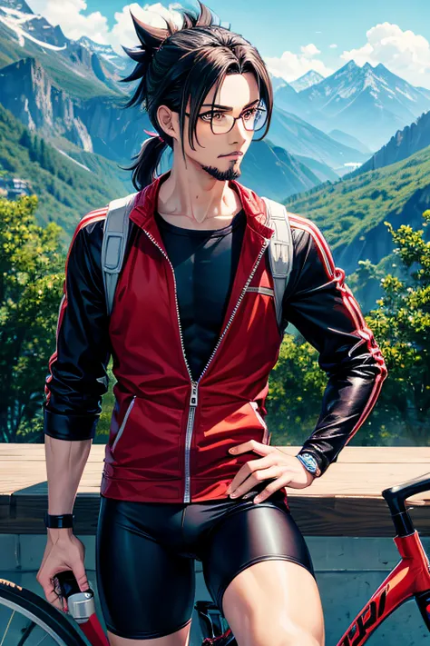 Anime style,BIKE,Guy,A young,goatee,eyeglasses,pony tail,mountains,