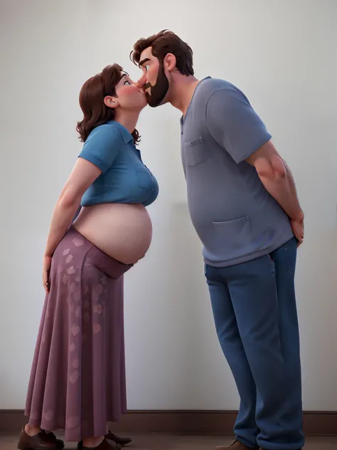 A couple kissing with their hands behind their backs in great quality and definition in Disney pixar style. The woman is pregnant. The man is thin and has a beard