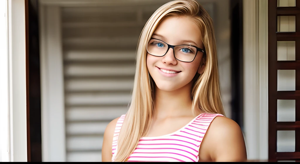 Blonde teen with glasses with freckles, usando um minivestido, com aparelhos de prata nos dentes, Vista de corpo inteiro --auto