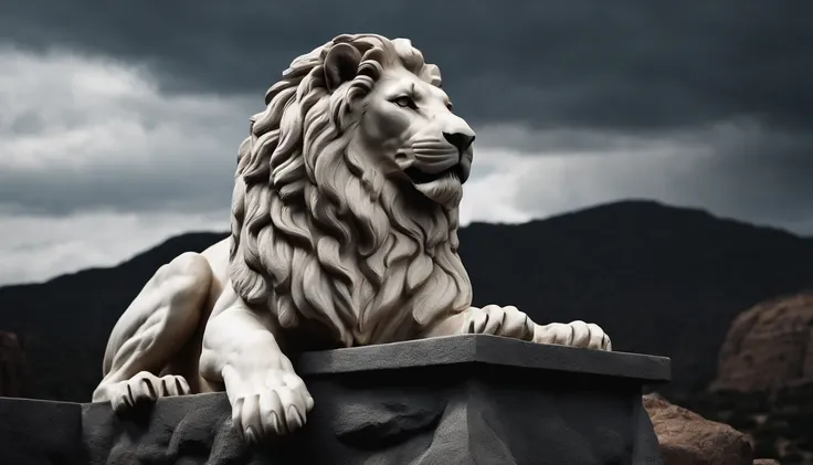 White Greek stoic statue of a muscular lion, sitting, roaring, cinematic styleHercules 4K, and dark background.