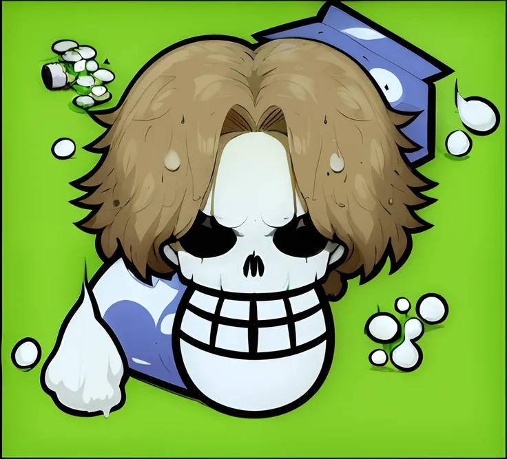 cartoon drawing of a girl with a hairdo and a box of pills, sanji, ((skull)), [[[[grinning evily]]]], greasy hair, [ digital art ]!!, poison dripping, one piece style, raining!!, died hair, clean cel shaded, from one piece, one piece artstyle, his head is ...