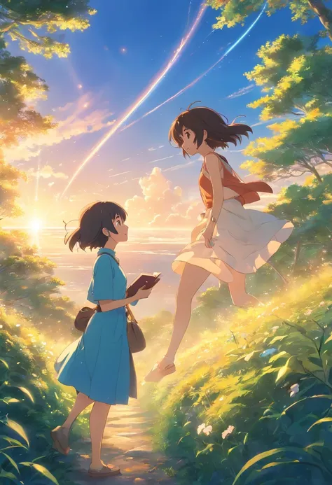 master part, Floresta encantada, best quality, filme ainda, An old lady telling stories, magical books, Cabrita limps without prosthesis on her leg, um galo com bico de corneta, Girl with heart in hand, miyazakis animated film, Anime Ghibli, Cloud floating...