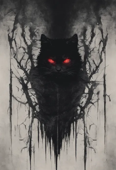 Forme noire, cat-like red eyes, dans lombre, a silvery spear stained with blood, reflet brillant