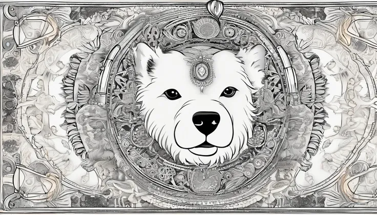 Samoyed with headphones and a bandana around his neck, coloring page, para adultos, linhas em negrito, corpo do filhote de cachorro mandala, mandala, Mandala Face, symmetric, fundo branco, Arte de linha limpa, arte de linha fina, - - AR 14,8cmx21cm