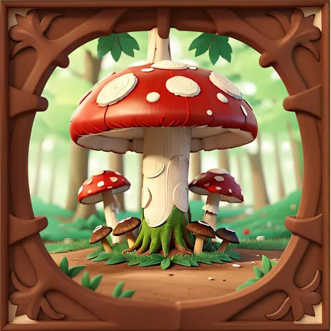 a red and white logo style mushroom in a cute forest