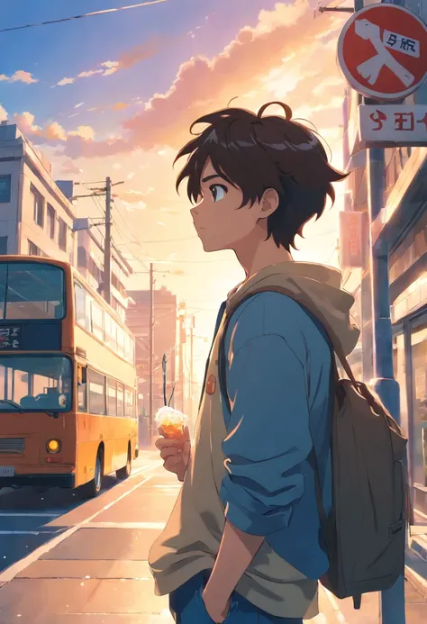 1boy, front view, from distance, curly hair, standing, eating icicle, looking up,bus stop in the background, holding a plastic bag, wearing large denim pants, wearing vans shoes, wearing oversize brown t-shirt, sunset light, movie still, emotional lighting...