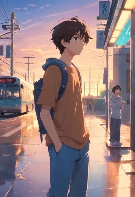 1boy, front view, from distance, curly hair, standing, eating icicle, looking up,bus stop in the background, holding a plastic bag, wearing large denim pants, wearing vans shoes, wearing oversize brown t-shirt, sunset light, movie still, emotional lighting...