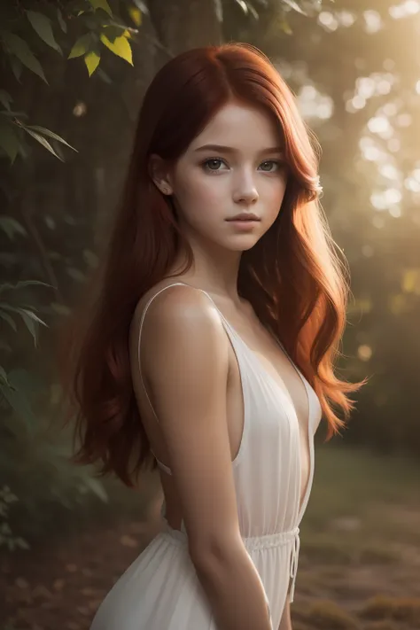 young girl,  redhead,  cinematic, The portrait showcases a young (redhead girl:1.6) with a shy and innocent demeanor,  blueish eyes,  sensual slim face,    big lips,  naked,  BIG TITS and shorts,  Her hair is styled sleek and straight,  elegantly framing h...