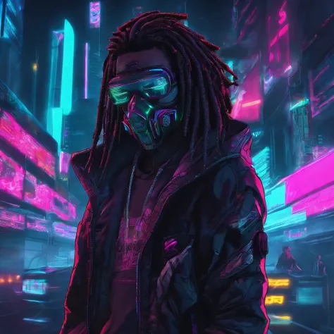 ((masculine)), ((masked man)), black dreadlocks, brown skin, black eyes, cowboy shot, ((ultra detailed neon cyberpunk futuristic city )), detailed and intricate ((cyberpunk city streets background)), featuring high-tech holographic projections and sleek ar...