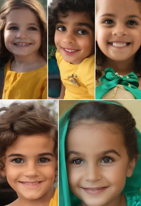 menino: Miguel, aproximadamente 11 anos de idade, cabelo curto estilo Disney, olhos castanhos e sorrisos. garota: Giovana, 7 anos de idade, longos cabelos pretos enrolados e olhos castanhos estilo disney. garota: Melissa, 9 anos de idade, cabelos loiros li...