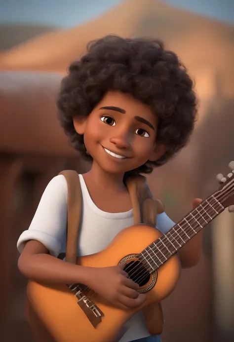 crie um banner no estilo Pixar. A boy with Indian features, branco pardo com cabelos curtos, Castanhos escuros, Smooth and slightly grayish appearance, mas jovem, usando uma camiseta, Wearing jeans and holding a classical guitar with 7 strings.