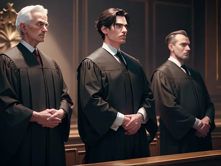 In a courtroom, three stern male judges presiding over a court hearing. The scene is set with a serious and formal atmosphere, where the male judges are seated on a raised platform. the men judges is dressed in black robes and white wigs; (best quality,rea...