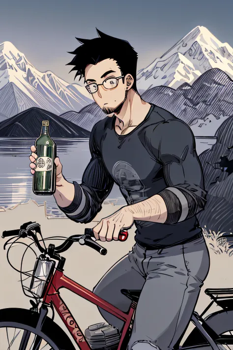 Anime style,BIKE,Guy,A young,goatee,eyeglasses,pony tail,mountains,ciberpunk,The great show of Sipieda in all its glory,A bottle of beer,Sailormoon Style