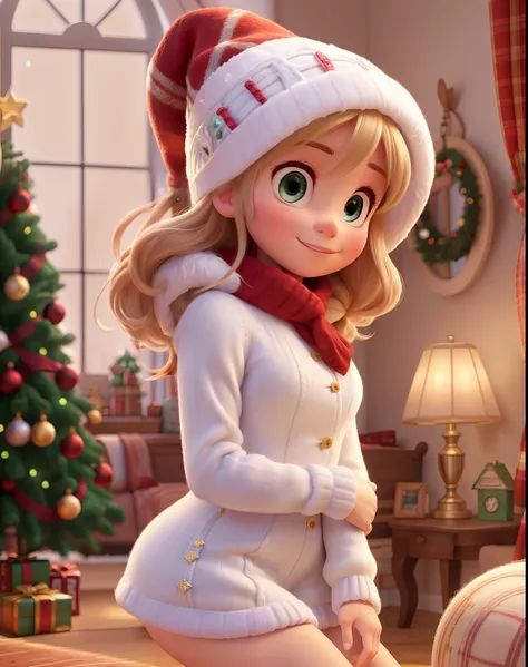 In a charming Disney Pixar Christmas setting, an indoor house is adorned with festive "Christmas" decorations, as gentle "snow" falls outside. A "cute young woman" in cozy "wool" winter underwear climbs to decorate her Christmas tree, framed by the invitin...