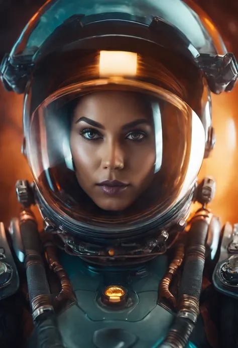 sci-fi style futuristic astronaut woman closeup portrait, detailed eyes, vibrant colours, glass reflections, dry skin, fuzzy skin, lens flare, futuristic, technological, alien worlds, space themes, advanced civilizations