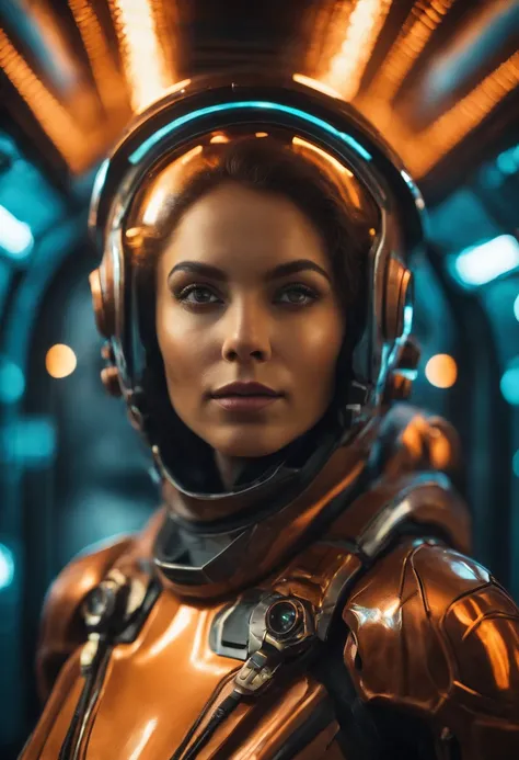 sci-fi style futuristic astronaut woman closeup portrait, detailed eyes, vibrant colours, glass reflections, dry skin, fuzzy skin, lens flare, futuristic, technological, alien worlds, space themes, advanced civilizations