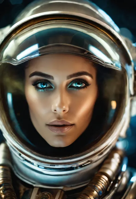 sci-fi style futuristic astronaut woman closeup portrait, detailed eyes, vibrant colours, glass reflections, dry skin, fuzzy skin, lens flare, futuristic, technological, alien worlds, space themes, advanced civilizations