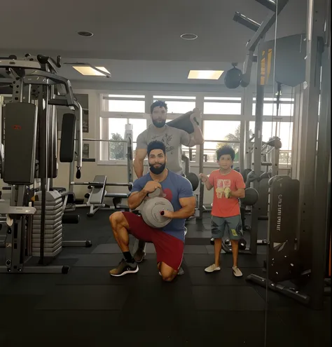 there's a man and two kids in a gym with a man holding a weight board, levantamento de pesos, em uma academia, malhar, marido es...