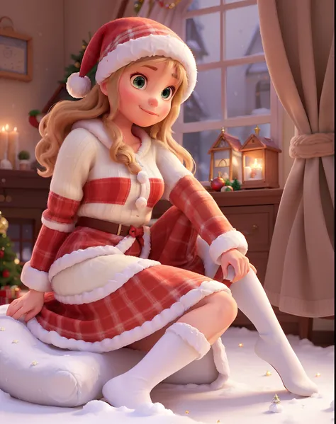 In a charming Disney Pixar Christmas setting, an indoor house is adorned with festive "Christmas" decorations, as gentle "snow" falls outside. A "cute young woman", adult,  in cozy "wool" winter underwear climbs to decorate her Christmas tree, framed by th...