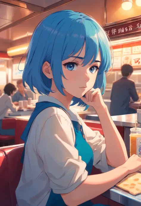 1 sad girl in a diner with blue hair