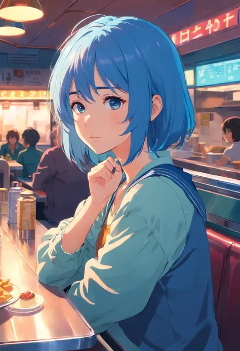 1 sad girl in a diner with blue hair