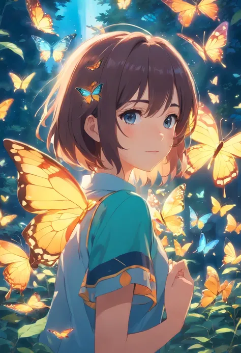 Colorful butterflies fluttering, por cima de rosas azuis e amarelas, illustration style