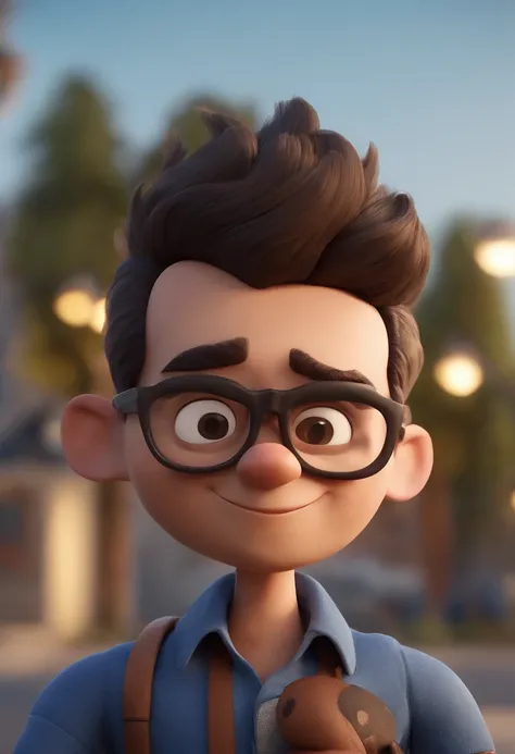 Cartoon character of a man with black glasses, cabelo cacheado marrom escuro e uma camisa azul, animation character, Caractere estilizado, animation style rendering, 3D estilizado, Arnold Maya render, 3 d render stylized, toon render keyshot, Personagem 3D...