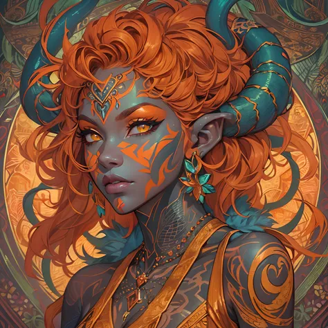 (((Masterpiece))), (((Best Quality: 1.4))), ((Super Detail: 1.4)) , hyper detailed gouache painting of a female Tiefling, gorgeous exotic features, amber neon eyes:1.5,  orange hair, hyper detailed face features, expressivo face, detailed textures, blue sk...