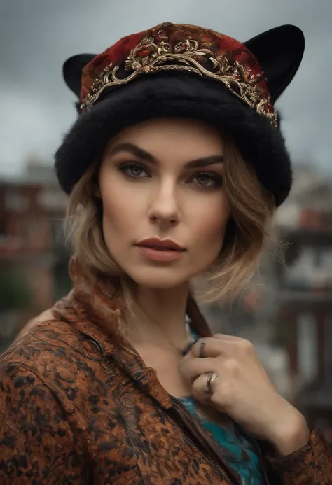 Cat painting on hat and scarf, Trendy at the art station, punk vestido, detailed hyper-realistic rendering, British gang members, estilo de rua, pose intimidadora, planeta dos gatos, Roupas da moda, samurai urbano, miau, West Slavic features, 8 1 5