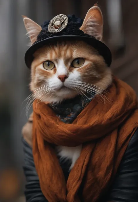 Cat painting on hat and scarf, Trendy at the art station, punk vestido, detailed hyper-realistic rendering, British gang members, estilo de rua, pose intimidadora, planeta dos gatos, Roupas da moda, samurai urbano, miau, West Slavic features, 8 1 5