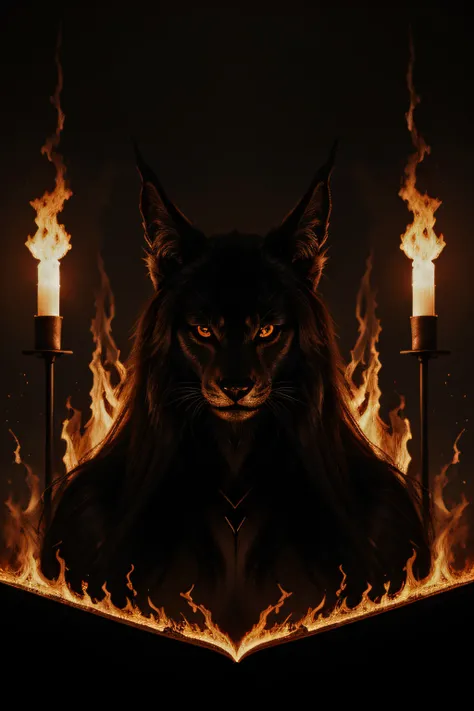 An artistic representation of a mysterious beast from the Old Testament, with elongated eyes and a dark aura. Around her, the number 666 appears in flames.