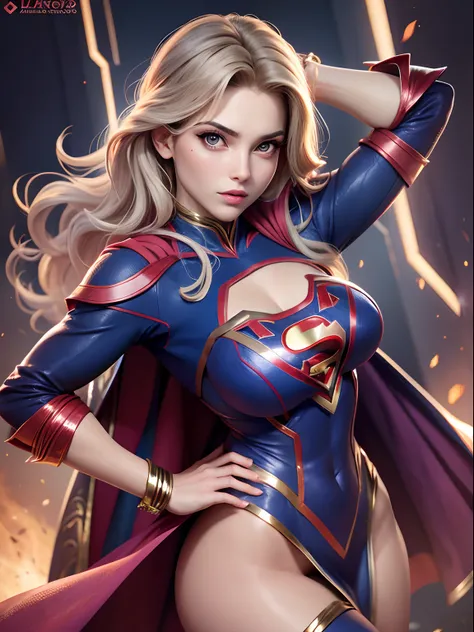 1sexy girl, vestindo traje de supergirl rasgado, voando, corpo firme, cabelos loiros, olhos azuis brilhantes, pose sensual.